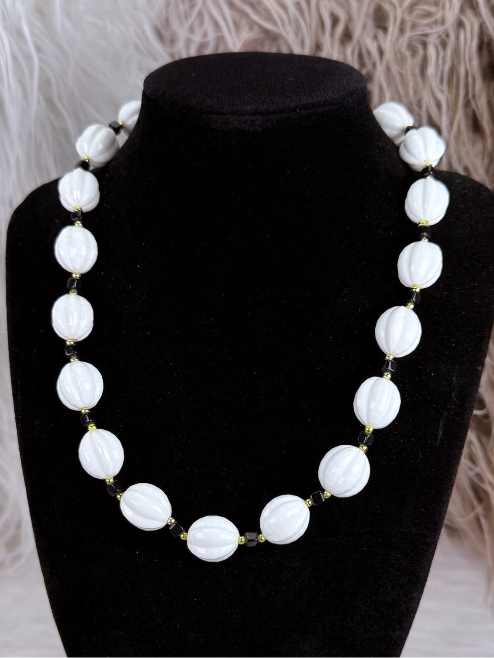 Vintage White Ribbed Melon Bead Necklace Black Cube Accents Gold Tone